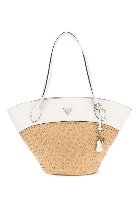 GUESS, Geanta tote cu segmente de rafie, Alb, Maro deschis