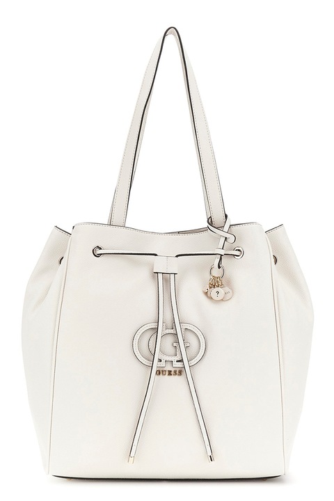 GUESS, Чанта от еко кожа с аксесоар лого, Мръснобял