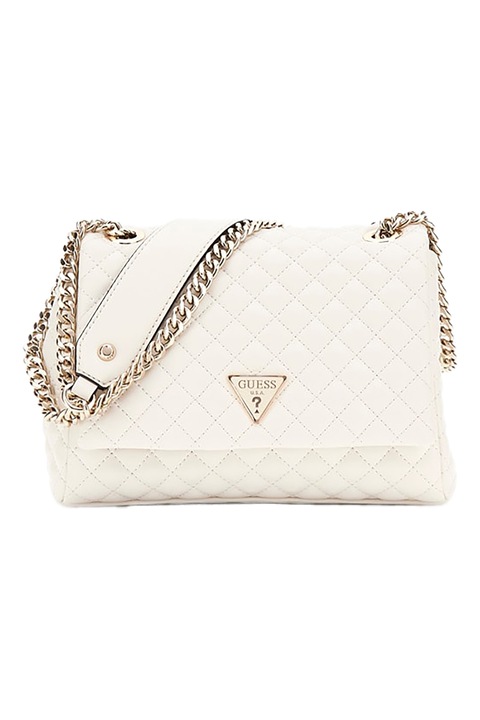 GUESS, Geanta crossbody cu bareta din lant, clapa si aspect matlasat, Alb murdar