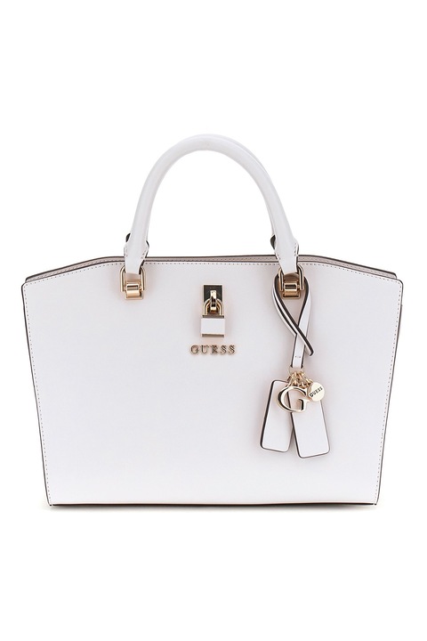 GUESS, Geanta de mana cu buzunar exterior cu fermoar, Crem