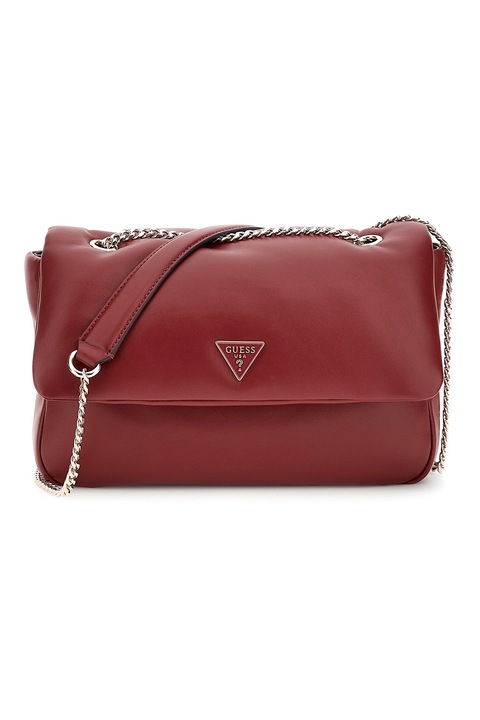 GUESS, Geanta crossbody de piele ecologica cu bareta din lant, Rosu inchis