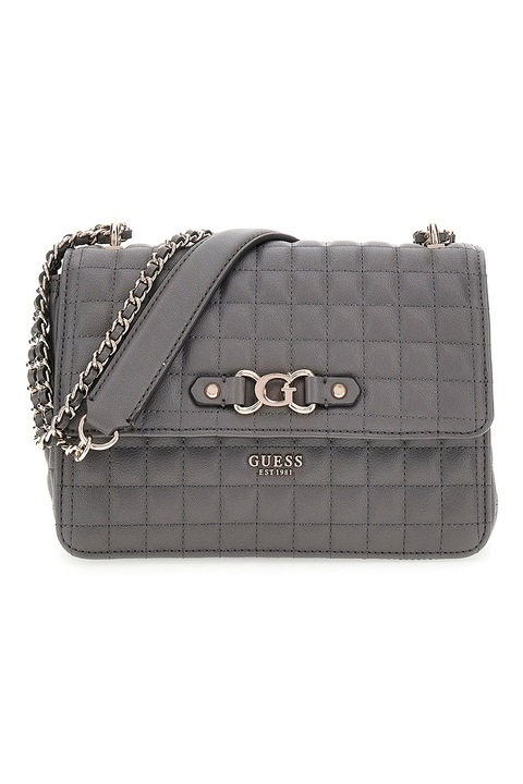GUESS, Geanta crossbody din piele ecologica cu aspect matlasat, Gri inchis