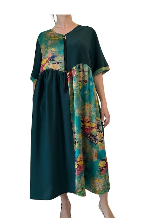 Дамска рокля, изработена от сатен, зелена с флорални мотиви, един размер