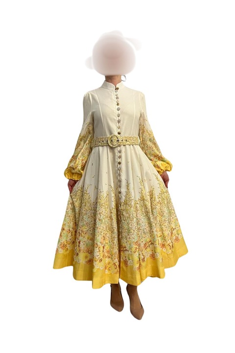 Rochie de dama, din material tip linen, guler tip tunica, alb cu galben, marimea M