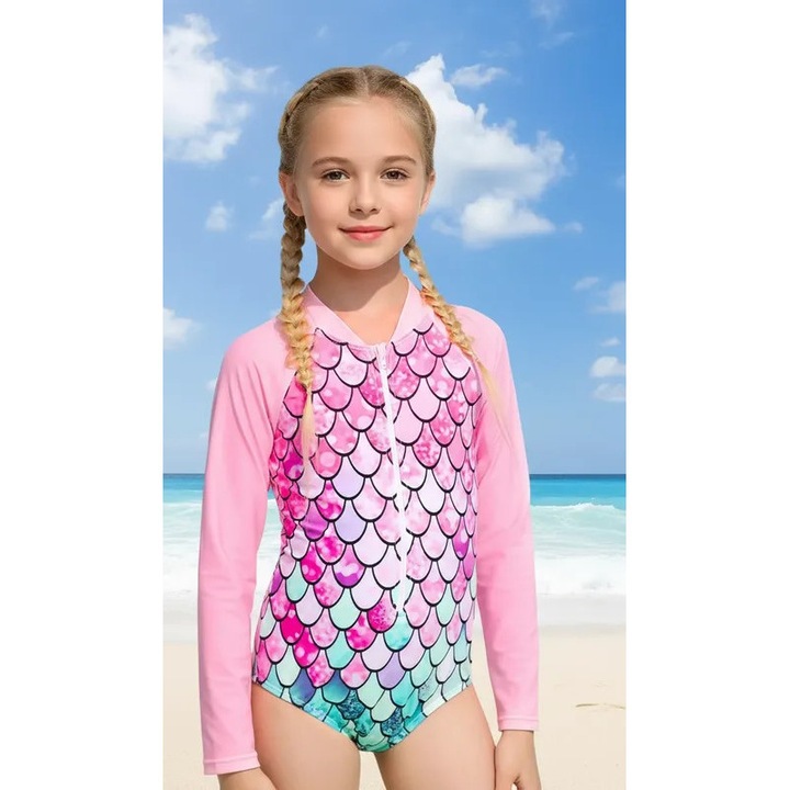 Costum de baie copii EMO, model solzi de sirena, maneca lunga, imprimeu degrade roz-mov-albastru turcoaz