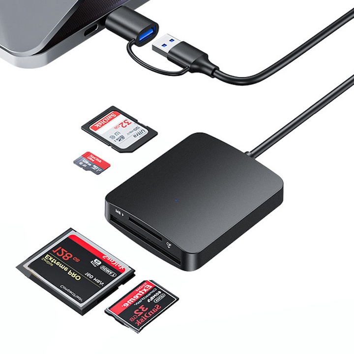 Cititor de Carduri 4 in 1, Fudisenn, USB 3.0, suporta SD/TF/CF/MS, transfer 5Gbps, portabil, negru