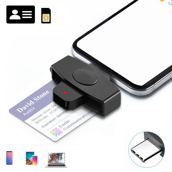 Cititor de carduri inteligente CAC, Fudisenn, Type-C, compatibil Windows, Mac OS, Android, Plug and Play, Negru