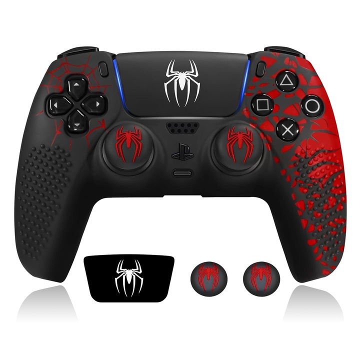 Husa pentru gamepad PlayStation 5, Lecheng®, tema Spider-Man, silicon anti-derapant, 2 capace joystick, Negru/Rosu