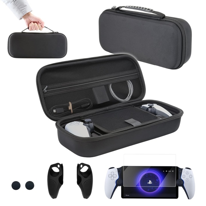 PlayStation Portal konzol szállítótáska, Lecheng, vízálló, ütésálló, 2 védőtok a fogantyúhoz, 1 védőfóliával, 2 joystick borítással, fekete