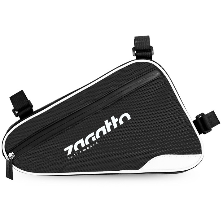 Geanta bicicleta, Borseta triunghiulara, Zagatto, Negru cu alb, Impermeabila, 3 benzi Velcro pentru fixare, Elemente reflectorizante, Dimensiuni 30x20x5 cm, Compartiment Incapator + Buzunar Suplimentar, Capacitate 2L, ZG953