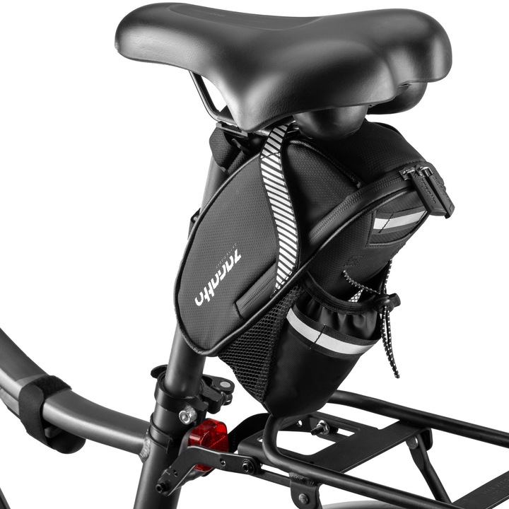 Geanta bicicleta, Montare sub sa, Zagatto, Neagra, Impermeabila, Usor de montat, Elemente reflectorizante, Dimensiuni 23x9,5x9,5 cm, Compartiment Incapator + Buzunar bidon apa, Capacitate 1,6L, ZG954