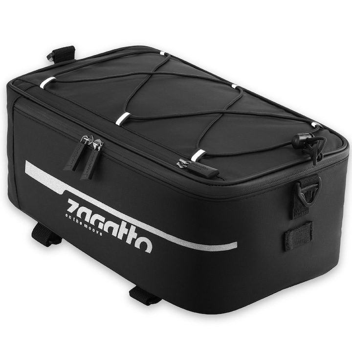 Geanta bicicleta portbagaj, Zagatto®, Neagra, Termica, Dimensiuni 33x19,5x12,5 cm, Tip cufar, Impermeabila, Pentru ciclism, Montare rapida, Spatioasa, Capacitate 8L, Curea de umar, Elemete refelctorizante, Rezistenta, ZG955