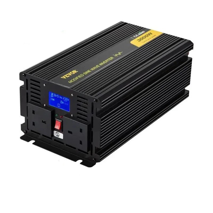 Szinuszhullámú inverter, 3000 W folyamatos, DC12V-ról AC240V-ra, LCD kijelző, alumíniumötvözet