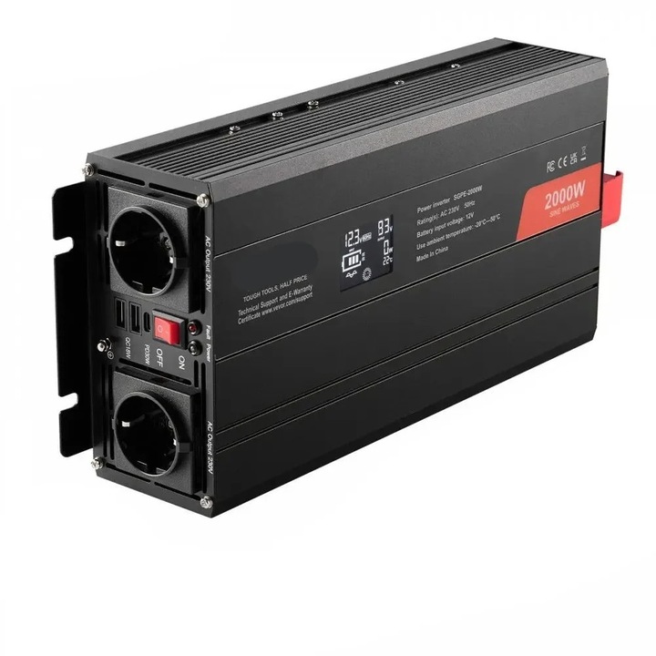 Inverter, 2000 W-os tiszta szinuszhullámú, többcsatlakozós, távirányítós, ezüst