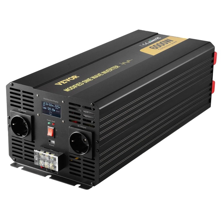 Módosított szinuszhullámú inverter, 12 V DC - 230 V AC, LCD kijelző, 6000 W, hűtőventilátor, ezüst