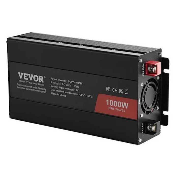 Szinusz inverter, DC 12V - AC 230V, Távirányító, 1000 W, Fekete