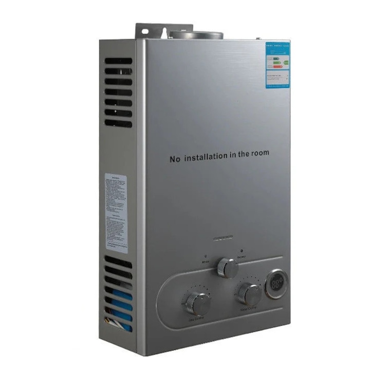 Газов бойлер, 6 литра, безрезервоарен, неръждаема стомана, с душ комплект, сребрист