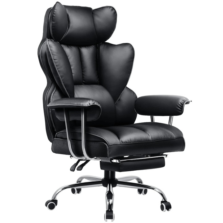 Ergonomikus gamer szék lábtartóval, forgó irodai szék, fekete bőr