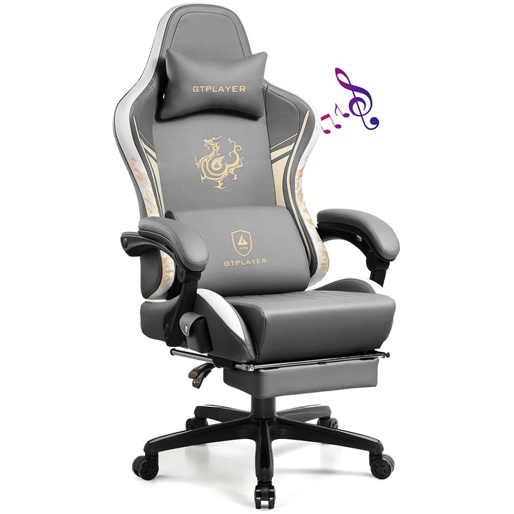 Ergonomikus gamer szék, Bluetooth hangszórók, lábtartó, forgó, szürke