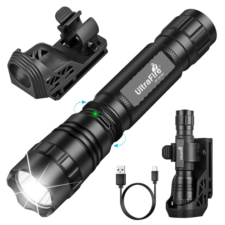 Тактически фенер UltraFire WF-501BX, 1200 лумена, LED, водоустойчив IP65, 13.2x3.2x2.6 см, с монтаж за колан W66