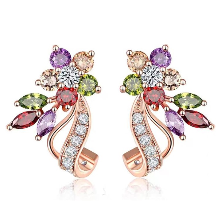 Set cercei TREXORA, design cerc, cristale multicolore, finisaj roz aurit, pentru femei