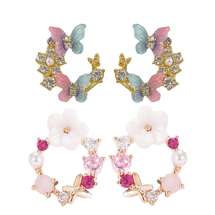 Set cercei 4 piese, TREXORA, design delicat, accente fluture si floare, multicolor, pentru femei