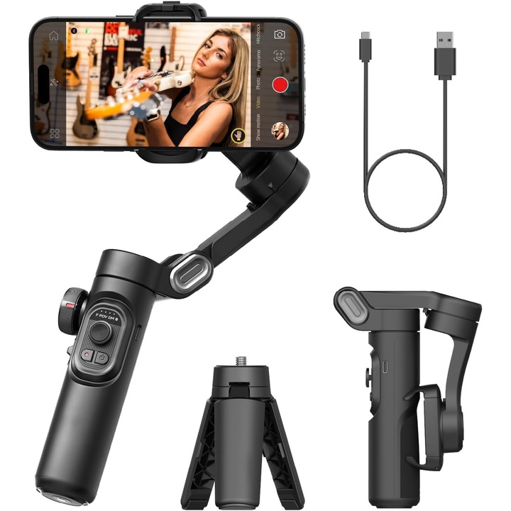 Stabilizator 3-ax pentru telefon Fudisenn®, Aplicatie compatibila cu IOS si Android, Bluetooth, Urmarire faciala automata, Autonomie 8-10h, Incarcare USB, Trepied, Negru