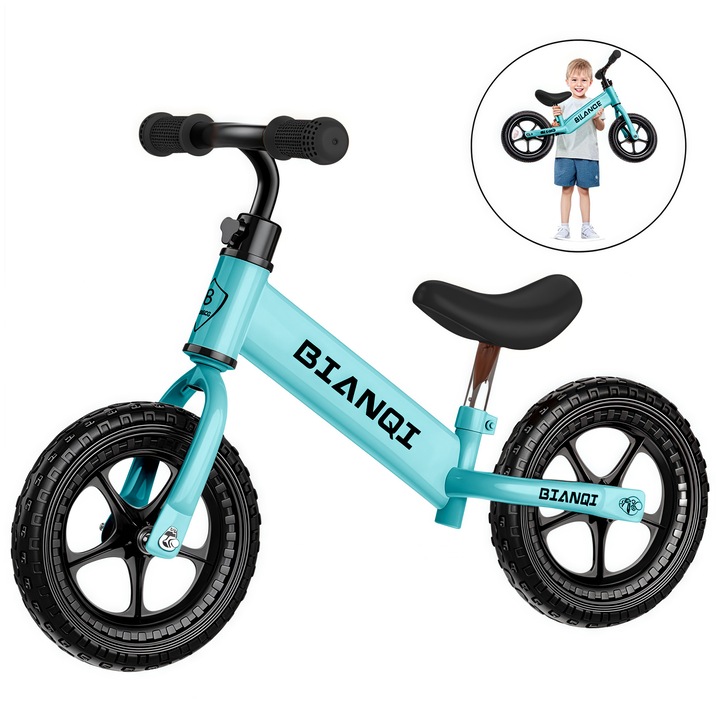 Велосипед за баланс, Wacorresi, Детски велосипед за баланс, въртяща се на 360 градуса дръжка, еластични амортисьорни пневматични колела, устойчив на износване и неплъзгащ се, подходящ за височина 80-105 см, 12 инча, син