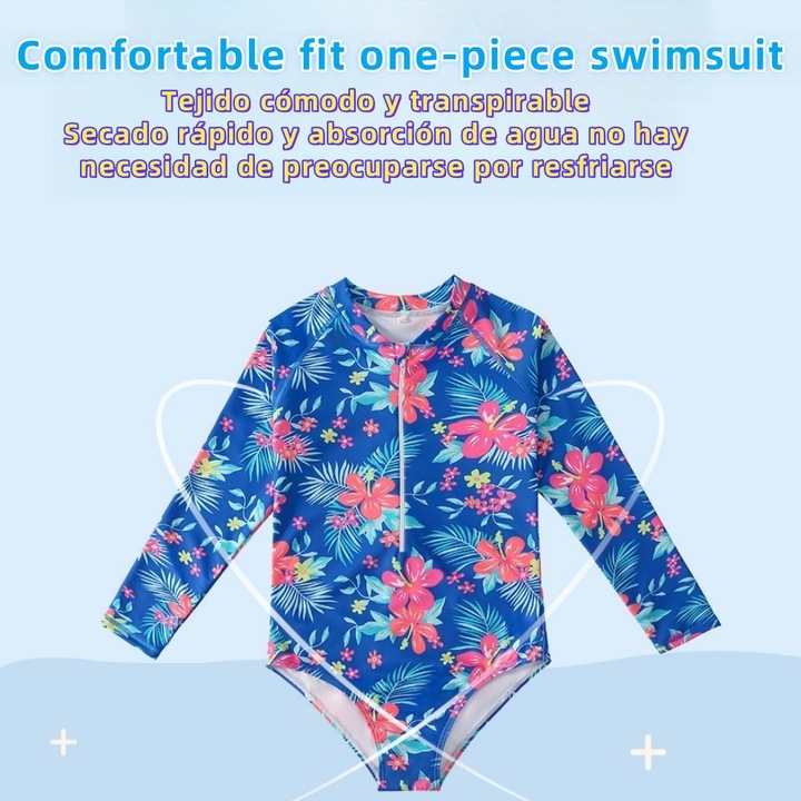 Hawaii témájú, kényelmes anyagú gyermek fürdőruha, trópusi virágmintás darab, cipzárral, színes virágmintás, UV-védelemmel, medencére és strandra, alkalmas nyaraláshoz, vonzó úszáshoz., Kék