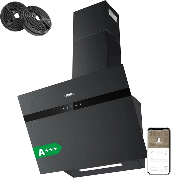 Hota de perete smart WiFi Ciarra, CBCG6736H-G, 60 cm, Clasa A+++, consum redus, control prin aplicatie, 3 trepte putere + functie Turbo, 650 m³/h, filtru carbon, mod recirculare si evacuare, lumini LED, filtru de aluminiu lavabil, filtru din carbon, negru