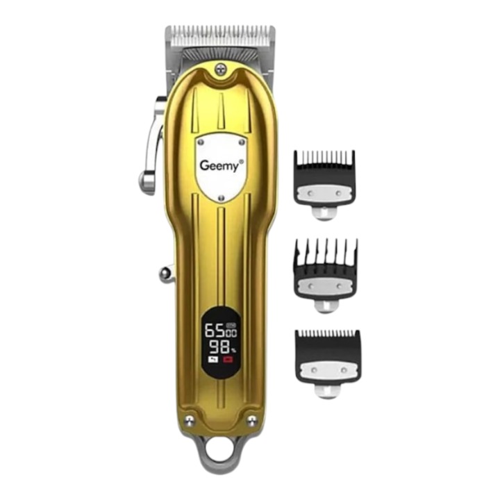 Машинка за подстригване GM-6695, с батерия, висулка, метален корпус, с дисплей, с 4 гребена, златиста