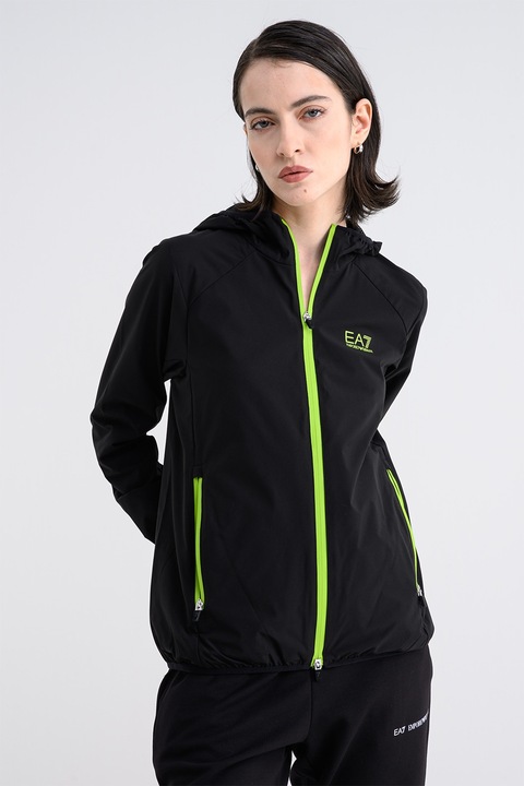 EA7, Jacheta cu buzunare cu fermoar si gluga, Negru/Verde lime