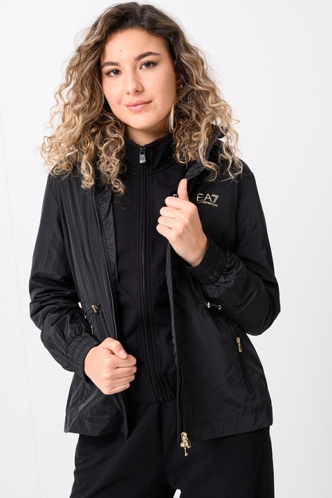 EA7, Jacheta cu gluga si snur in talie, Negru stins