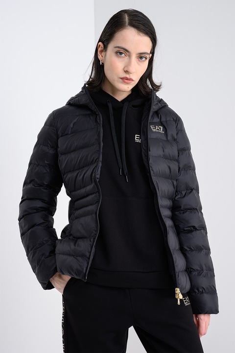 EA7, Geaca slim-fit cu vatelina, Negru stins/Alb murdar