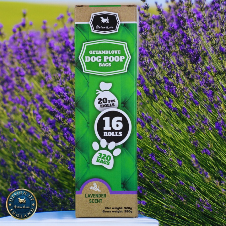 Set 16 Role Saci pentru caini, GetandLove, Parfum de lavanda, 320 saci, 23 x 33 cm, Verde