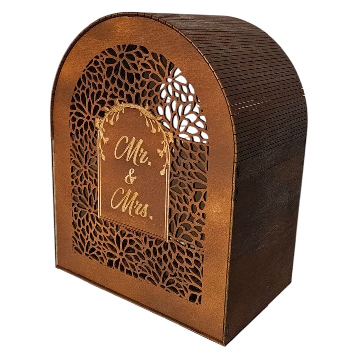 Cutie de dar pentru nunta din lemn maro Mr. & Mrs., model vintage, decupaj laser, 28.3 x 22.5 x 14.5 cm