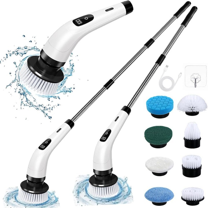 Perie electrica rotativa pentru curatare eficienta fara efort, maner extensibil, 2 viteze reglabile, multifunctionala fara fir, baterie cu incarcare USB tip C, Afisaj LED,2000mAh, pentru diverse suprafete, cu 8 capete detasabile, Alb