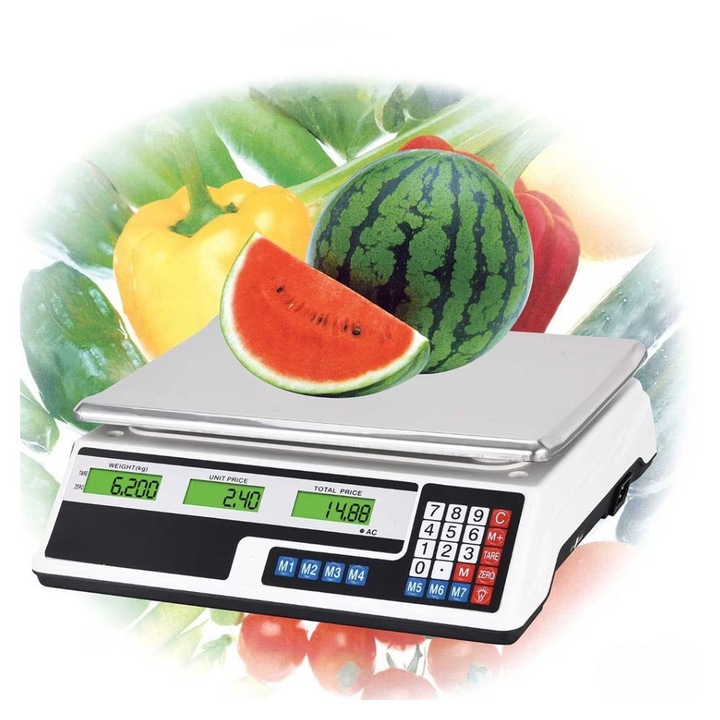 Cantar Electronic Comercial Digital pentru Magazin si Piata – 40 kg, Display Dublu Iluminat, Functie Memorie, Alb – Impact Vision®