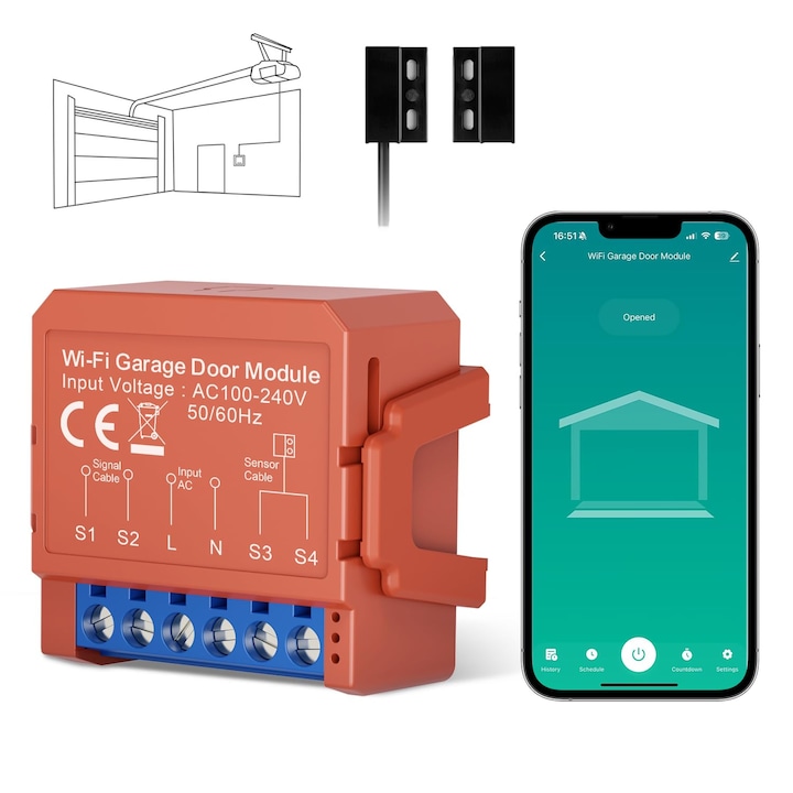 Kit smart MIUCDA pentru deschiderea portii/garajului, WiFi, control vocal, compatibil Tuya, Smart Life, Alexa, Google Home, fara hub, IP54, programabil