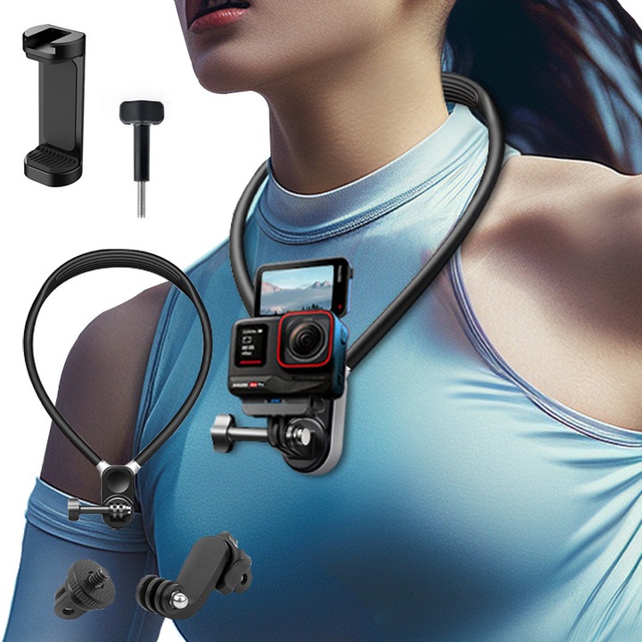 Спортна стойка за врата на камерата, с щипка за мобилен телефон, магнитна, Fudisenn, силиконова, може да се огъва под различни ъгли, подходяща за алпинизъм, колоездене, плаване с лодка, риболов, подходяща за GoPro 13, DJI, Action 5 Pro, черна