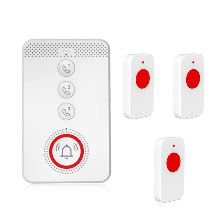 Buton de panica pentru varstnici, WALALLA, 1 receptor inteligent, 3 butoane de panica, IP65, Alb