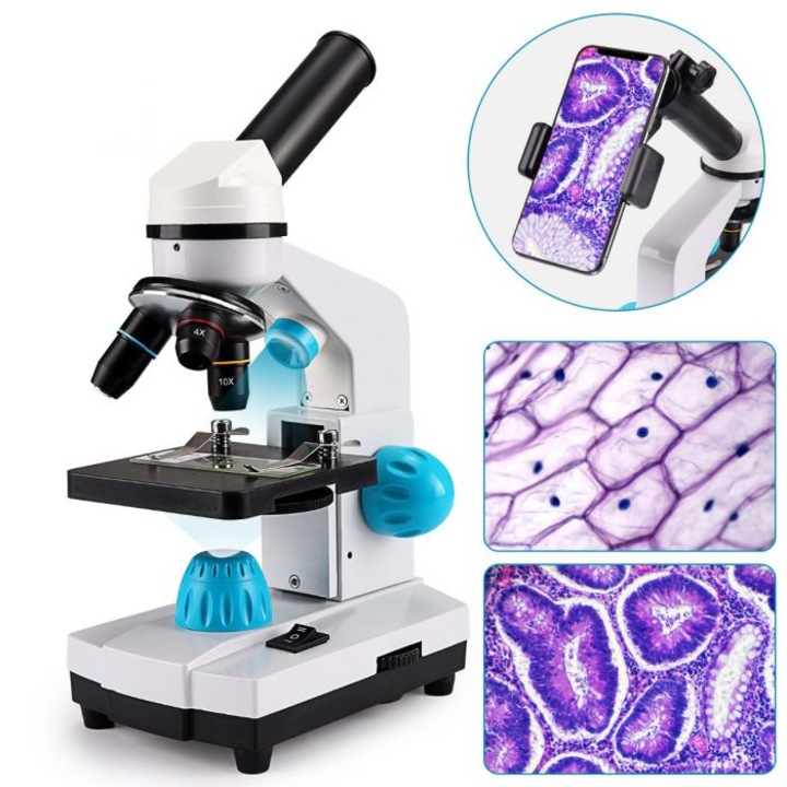 Microscop de laborator, WALALLA, iluminare LED duala, 40-2000X, lentila tripla, portabil, alb/albastru