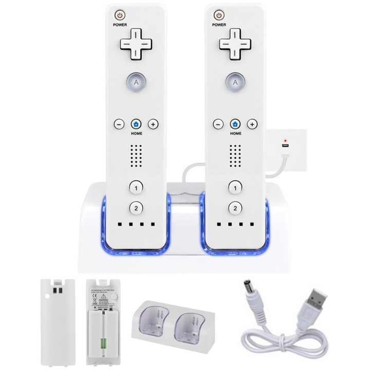 Statie incarcare 2 in 1, RASK, 2 baterii 2800mAh, pentru Wii, telecomanda nu e inclusa, Alb