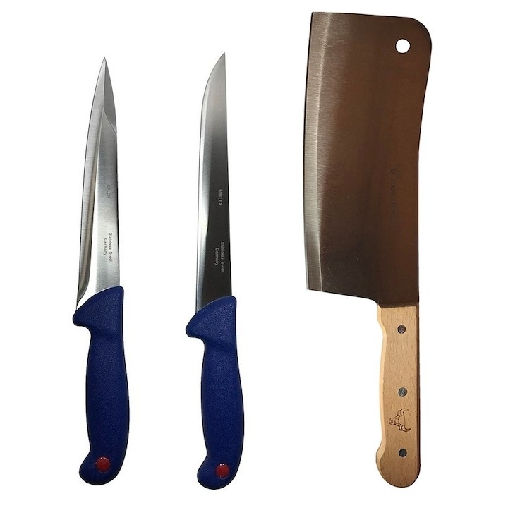 Set profesional de macelarie, injunghiat, filetat, feliat, satar, 2 cutite, Dactylion®