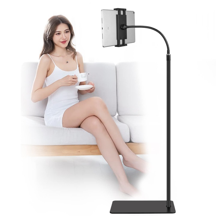 Suport de podea pentru tableta, rotativ la 360 de grade, Suport metalic pentru tableta cu gat de gaina flexibil, Suport cu brat lung pentru iPad Mini Air Pro, Tablete pentru toate telefoanele mobile 4.5-12.9 inchi, WALALLA