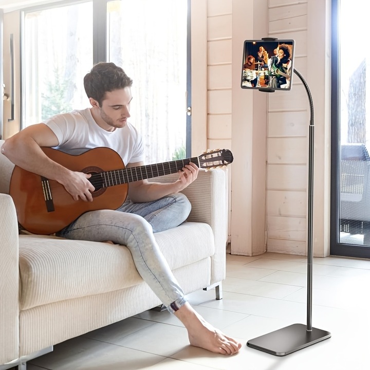 Állítható fém padló állvány tablethez, kompatibilis iPad, hajlékony hattyúnyakkal, okostelefon és tablet tartó, kéz nélküli használatra, 4.7-12.9 hüvelykes készülékekhez, kiváló olvasáshoz, videónézéshez, masszív vas konstrukció, WALALLA