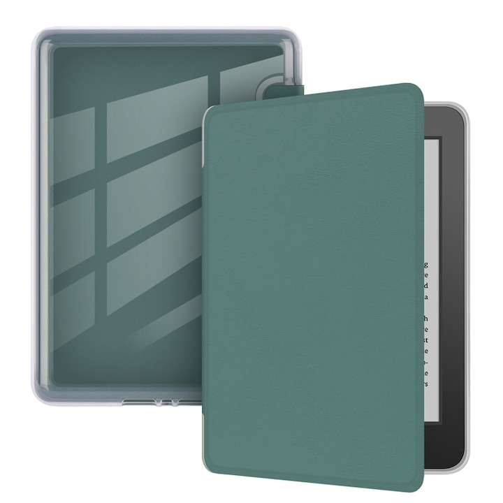 Husa Flip pentru Kindle Paperwhite 12th Gen 2024 si Kindle Colorsoft Signature Edition, Piele Ecologica, TPU, ultra-subtire, usoara, Verde inchis/transparent