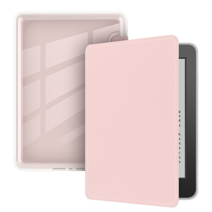 Husa Flip pentru Kindle Paperwhite 12th Gen 2024 si Kindle Colorsoft Signature Edition, Piele Ecologica, TPU, ultra-subtire, usoara, Roz alb/transparent