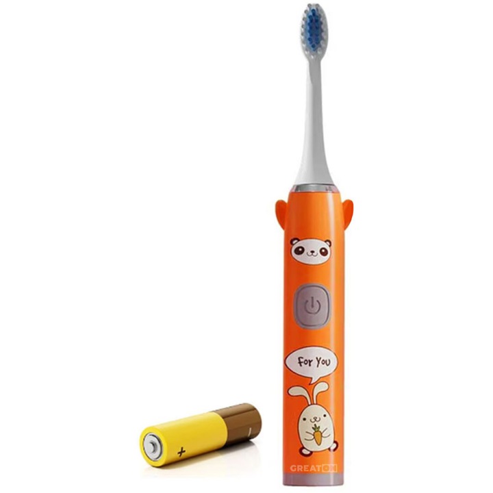 Periuta De Dinti Electrica GREATON Pentru Copii, Cu Peri Moi Alimentare Pe Baterii 1 Program Buton Pornire/Oprire, Model Panda Si Iepuras, Culoare Portocalie