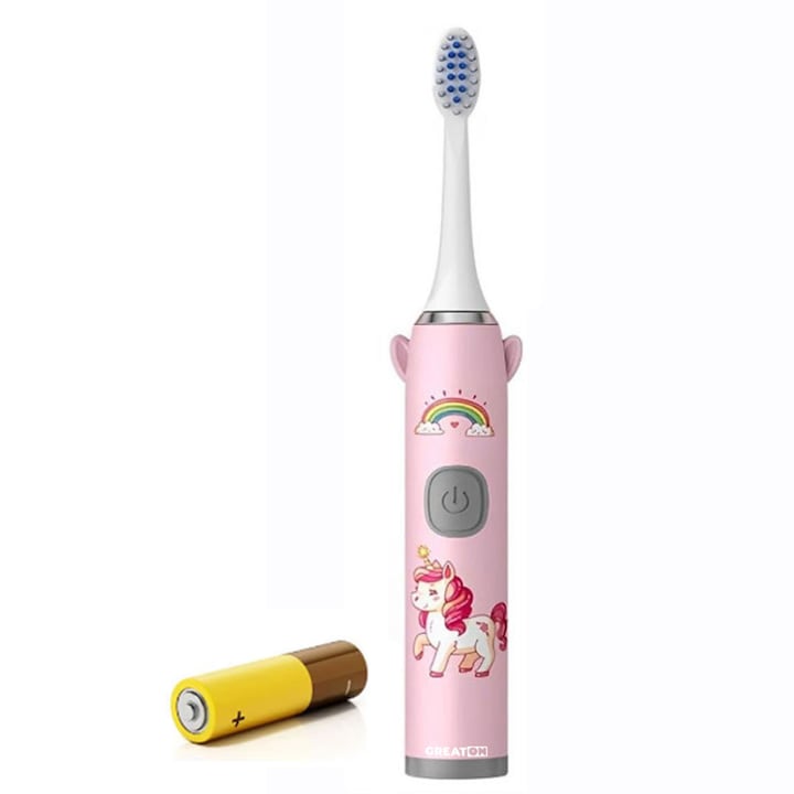 GREATON Elektromos Fogkefe Gyerekeknek, Puha Sörtékkel, Elemmel Működő, 1 Program, Be/Ki Gomb, Unikornis Modell, Rózsaszín Szín